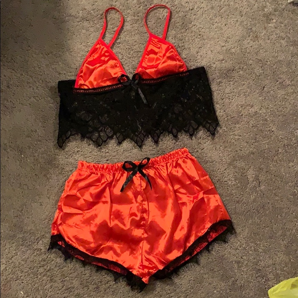 Red satin & lace PJ set